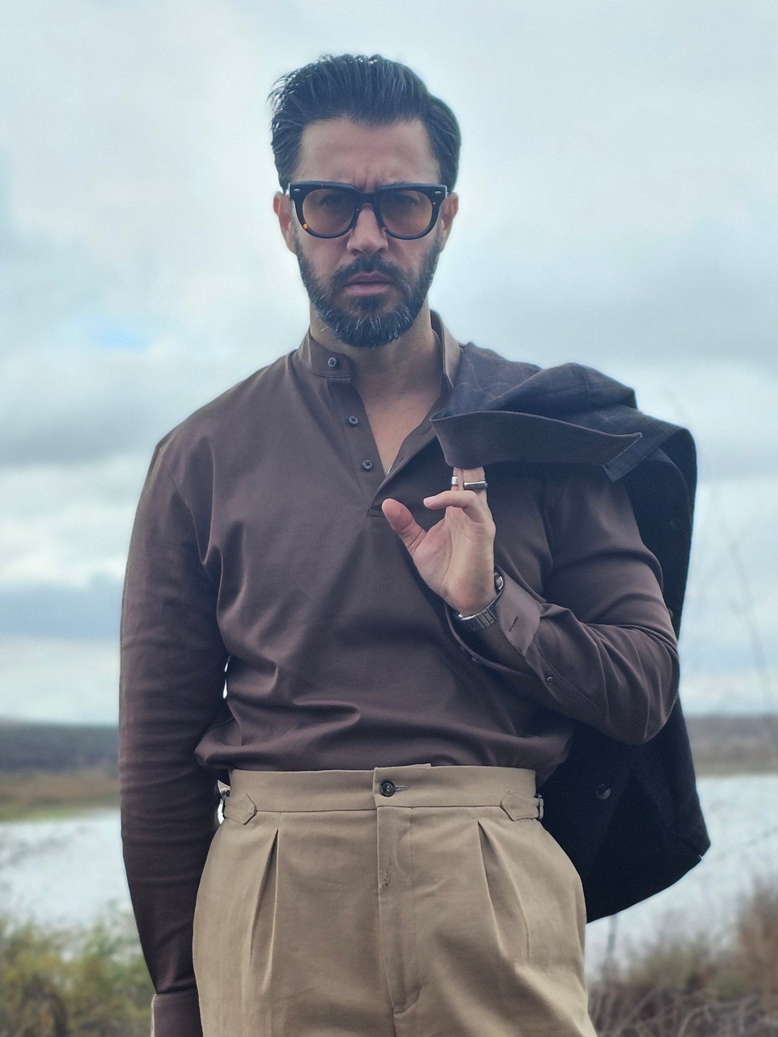 Made-to-Measure Soft Brown Cotton Stretch Mao Collar Polo