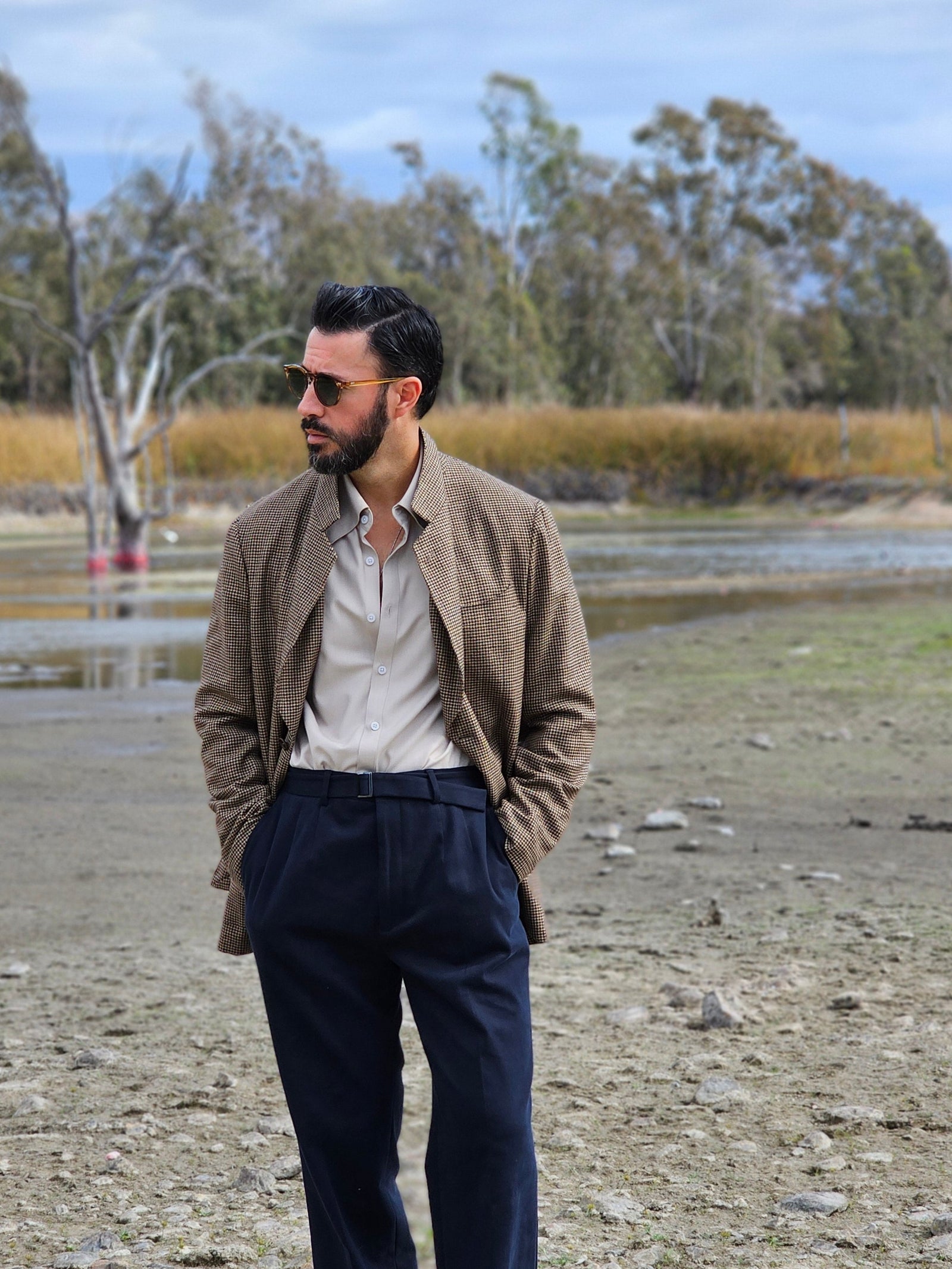 Made-to-Measure Khaki Bamboo Shirt with Rounded Collar