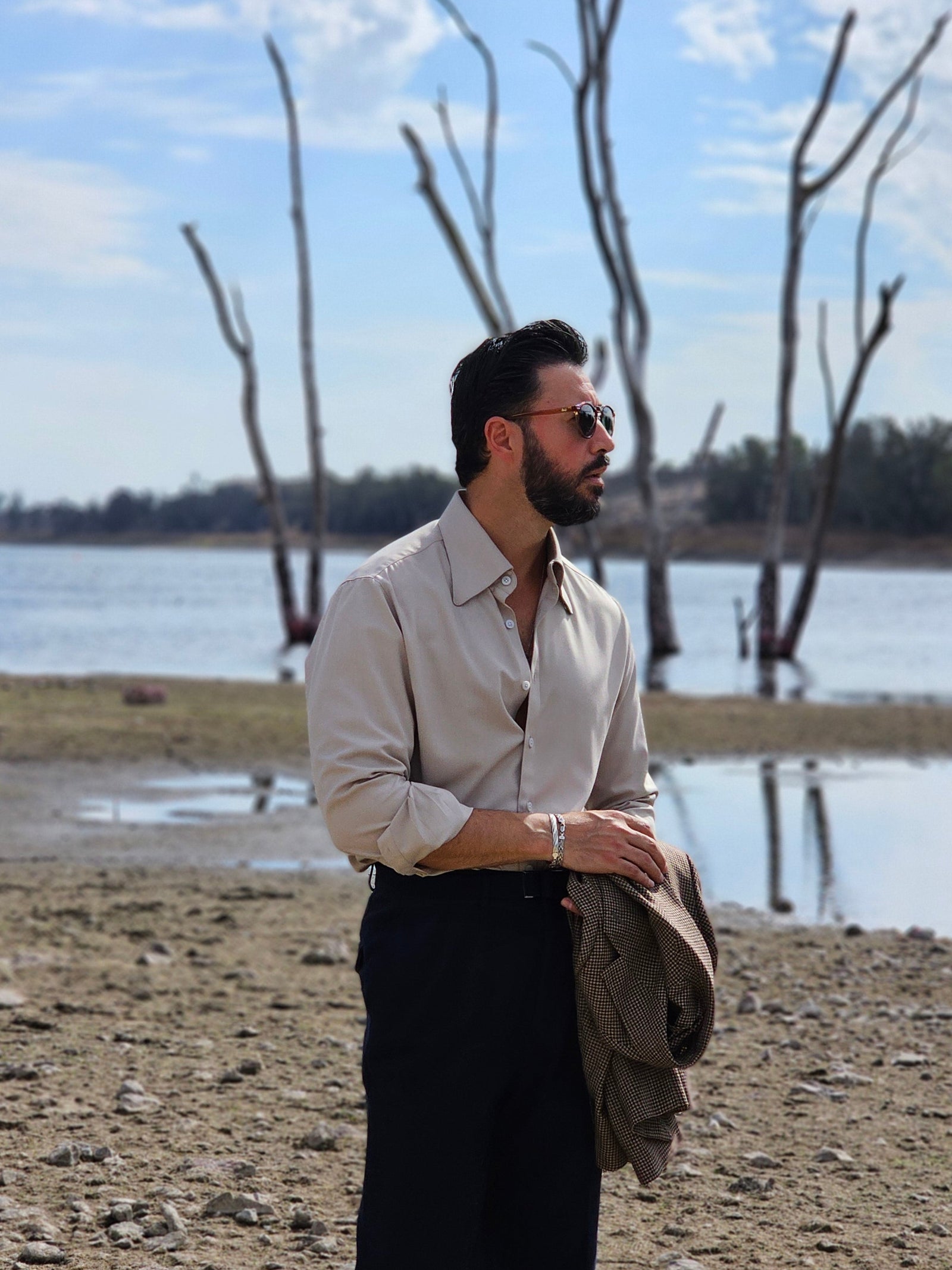 Made-to-Measure Khaki Bamboo Shirt with Rounded Collar