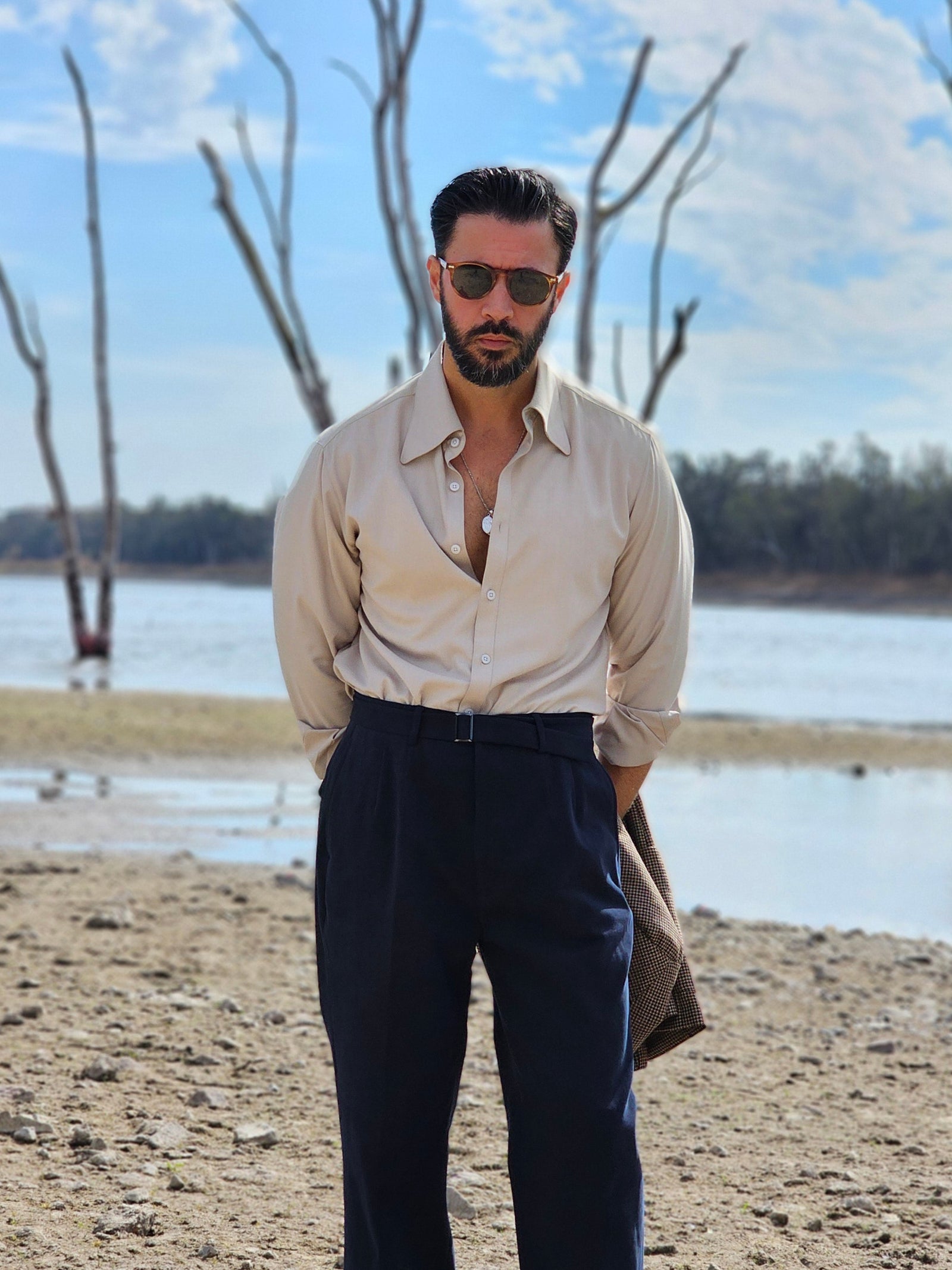 Made-to-Measure Khaki Bamboo Shirt with Rounded Collar