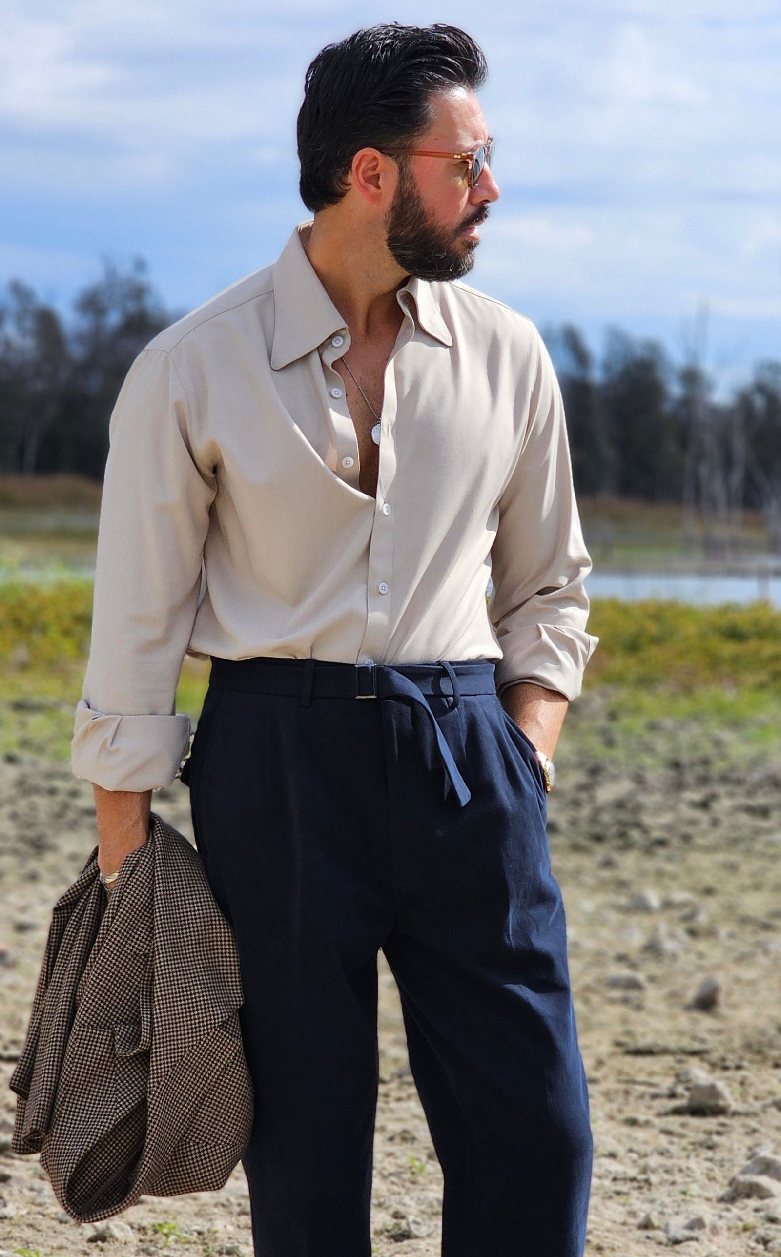 Made-to-Measure Khaki Bamboo Shirt with Rounded Collar