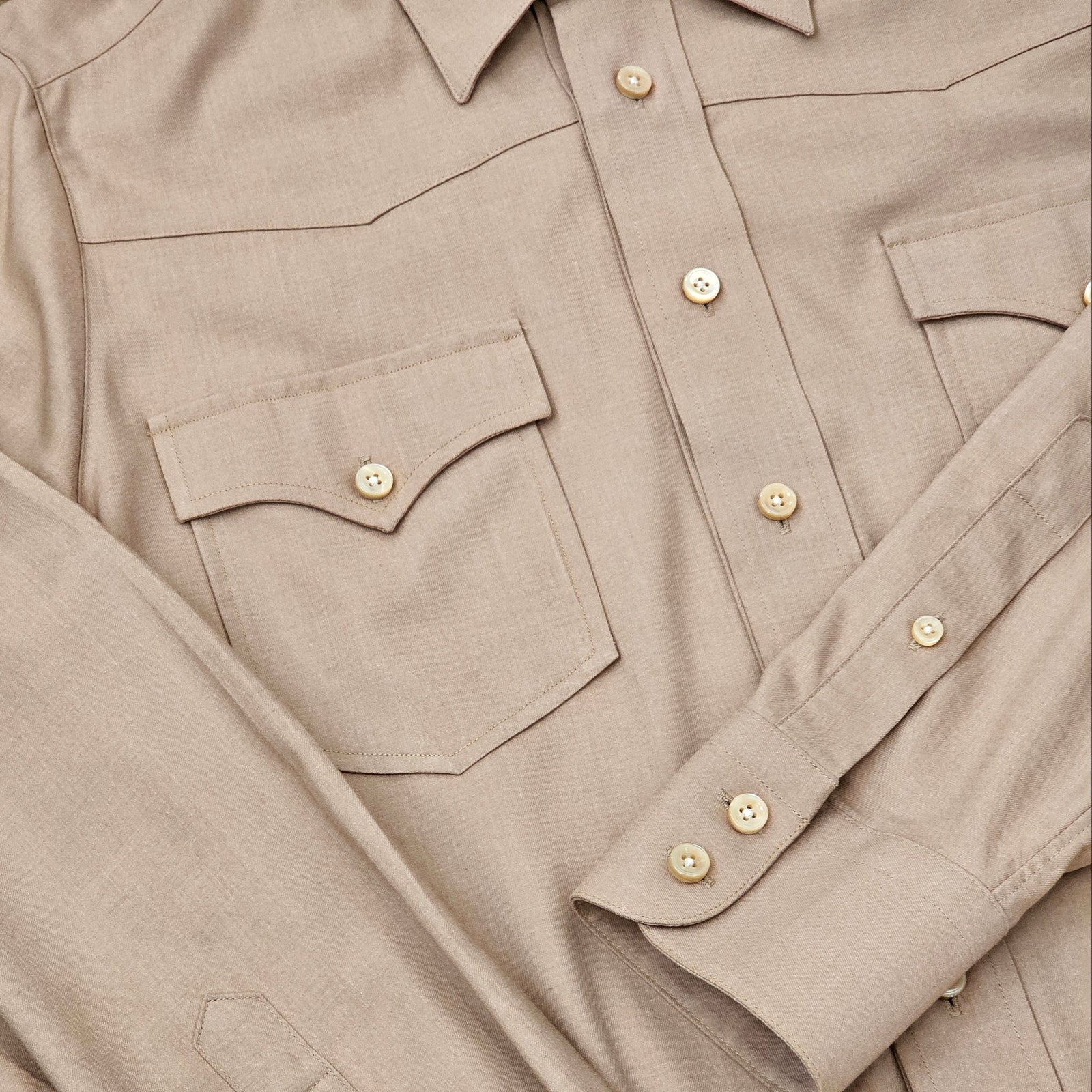 Made-to-Measure Beige Bamboo Western Shirt with Natural Shell Buttons