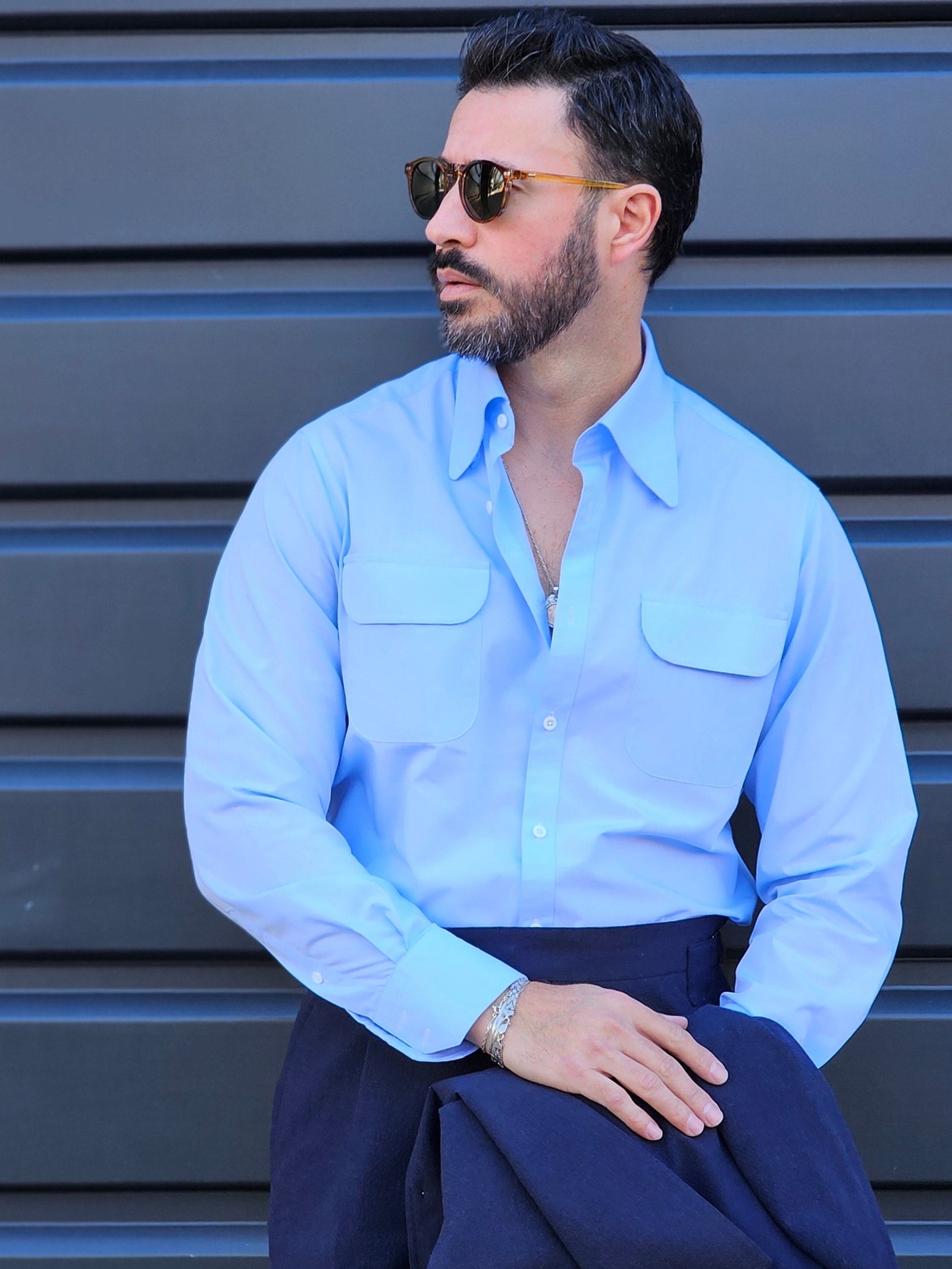 Made-to-Measure Light Blue Bamboo Shirt with Dual Pockets
