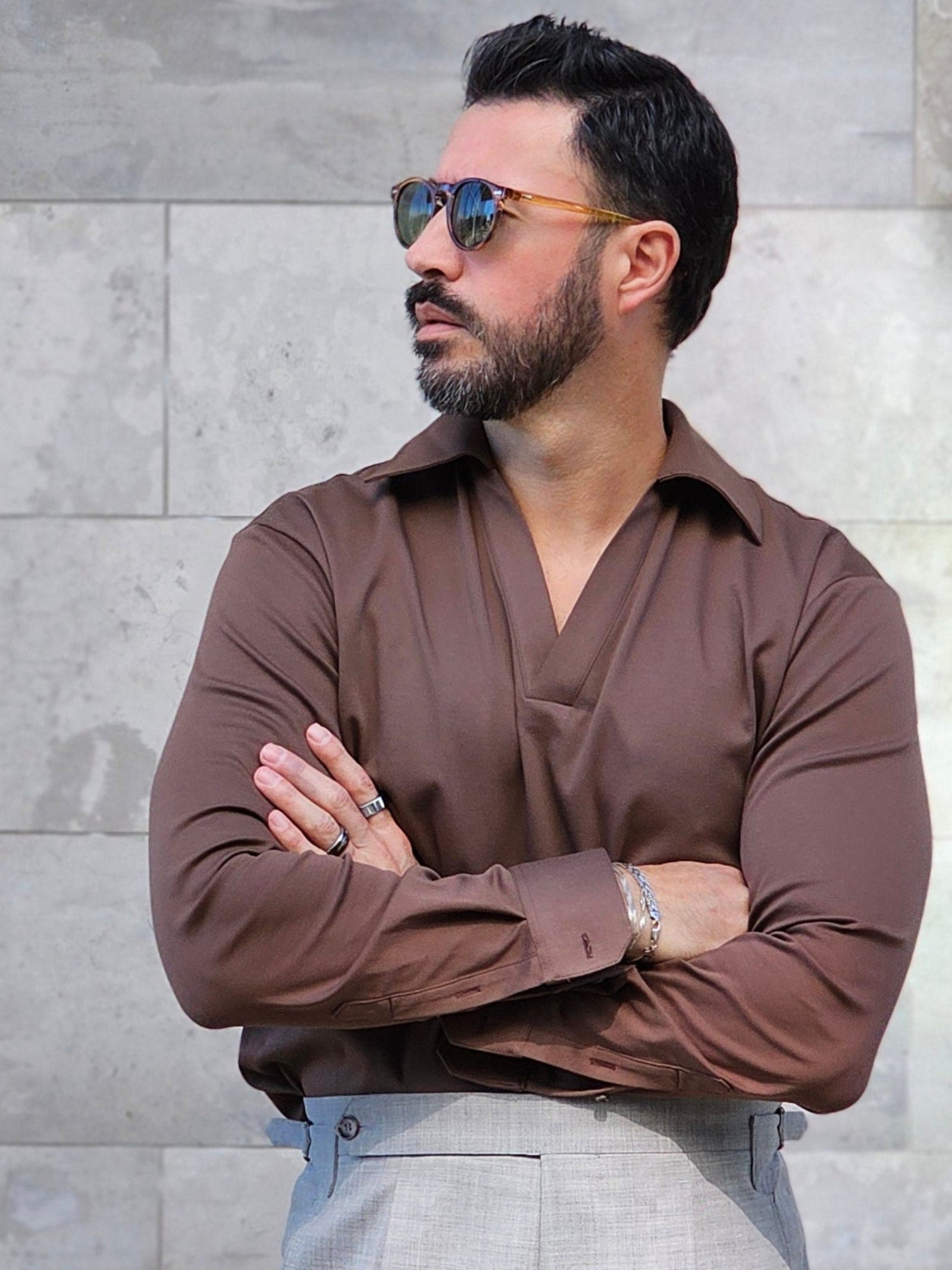 Made-to-Measure Soft Brown Cotton Stretch V-Neck Polo