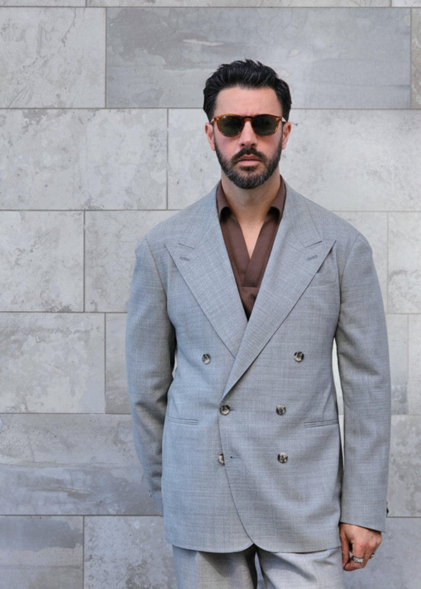 Made-to-Measure Light Grey Tropical Wool Unstructured Double-Breasted Jacket