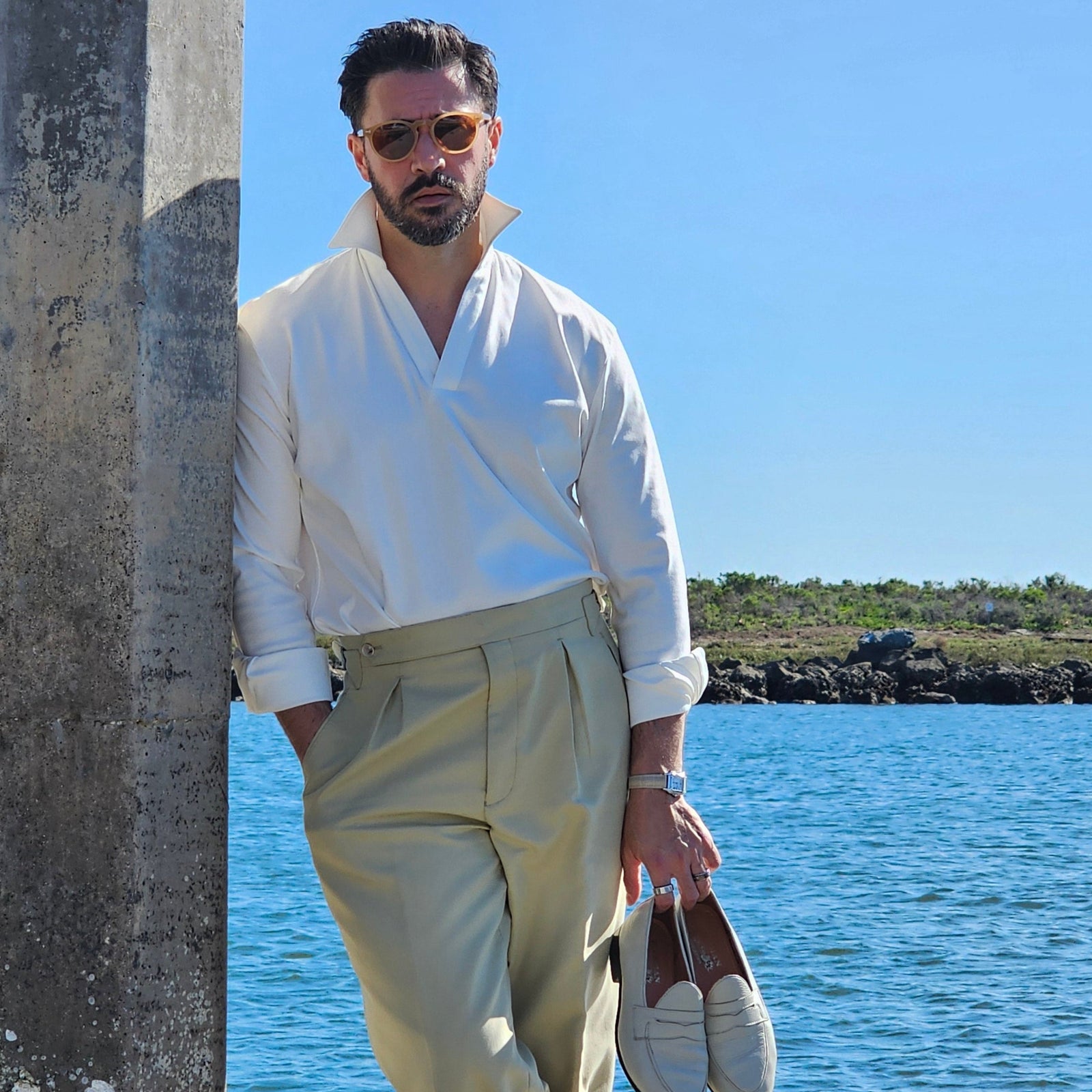 Made-to-Measure White Cotton Stretch V-Neck Polo