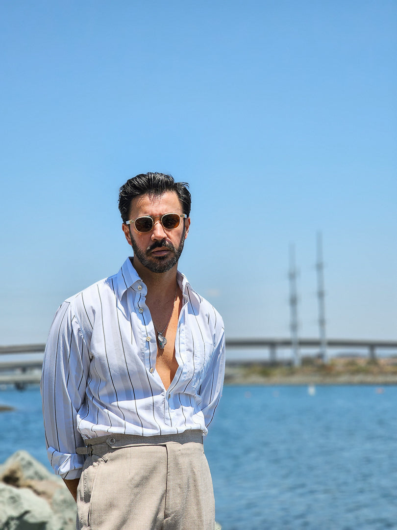 Made-to-Measure Fine Cotton Green, Light Grey & White Striped Popover Shirt