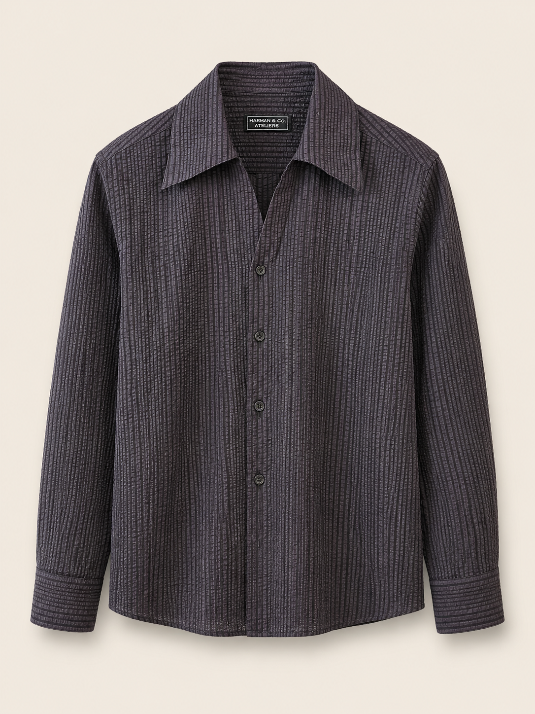 Made-to-Measure Black Cotton Seersucker V-Collar Shirt