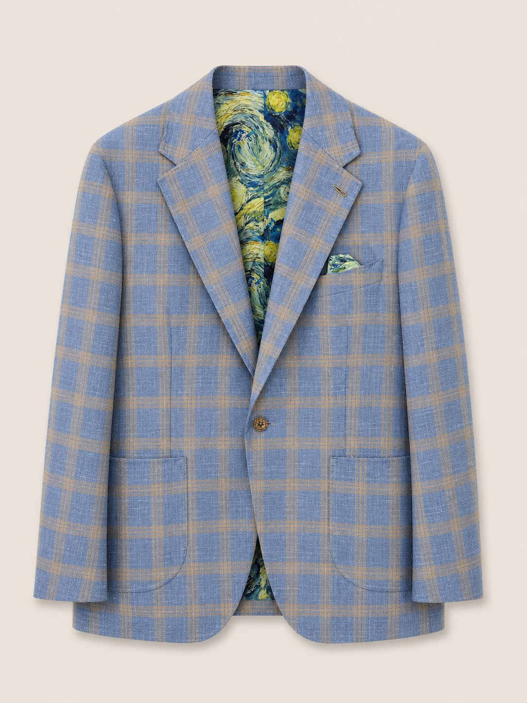 Made-to-Measure Blue Windowpane Wool Silk Linen Sport Coat