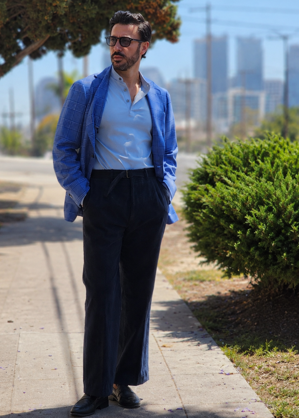 Made-to-Measure Baby Blue Cotton Stretch Mao Collar Polo