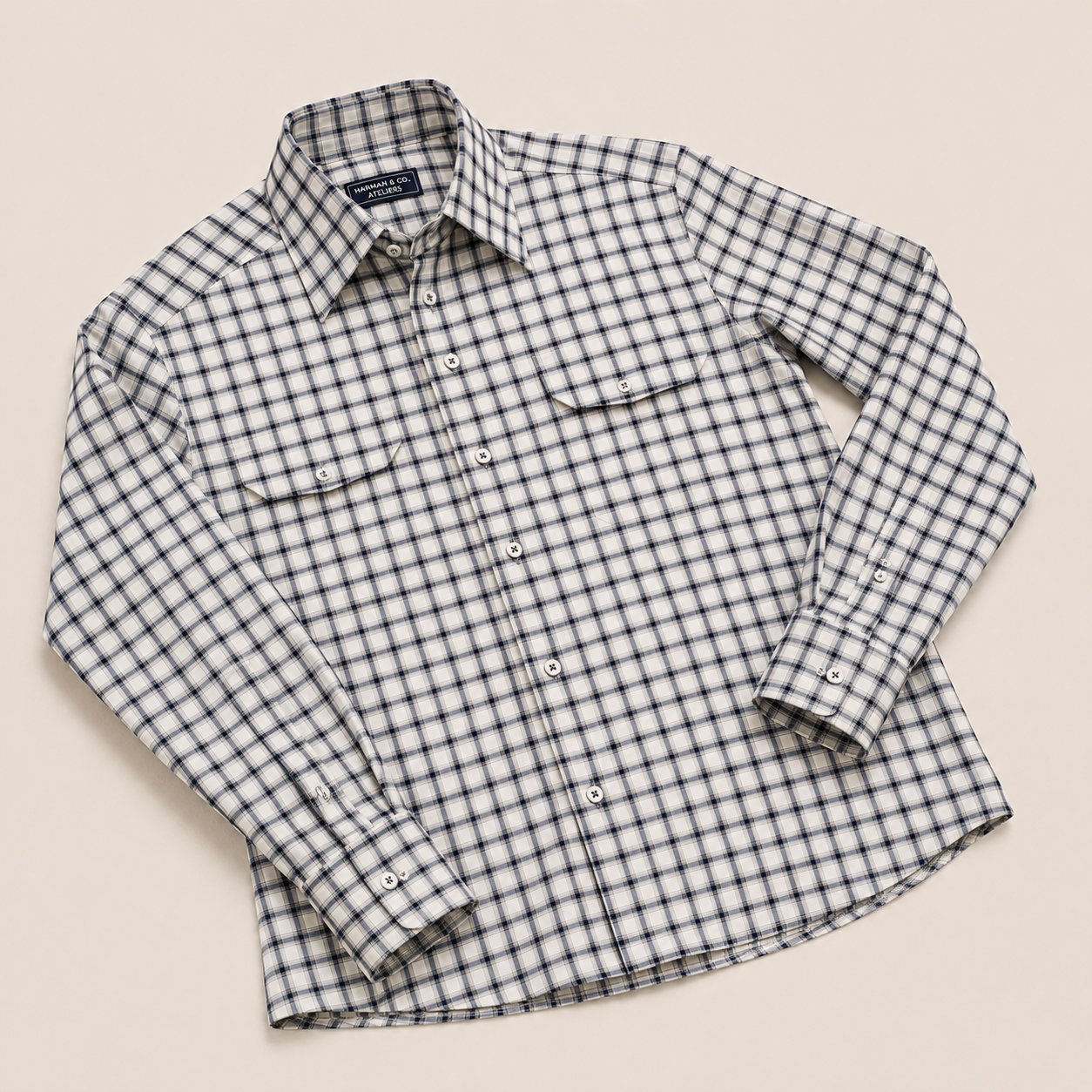 Made-to-Measure Grey Cotton Plaid Shirt with Dual Pockets