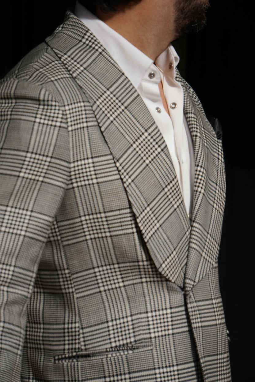 Made-to-Measure Black & White Glen Check Wool-Silk-Linen Double-Breasted Jacket