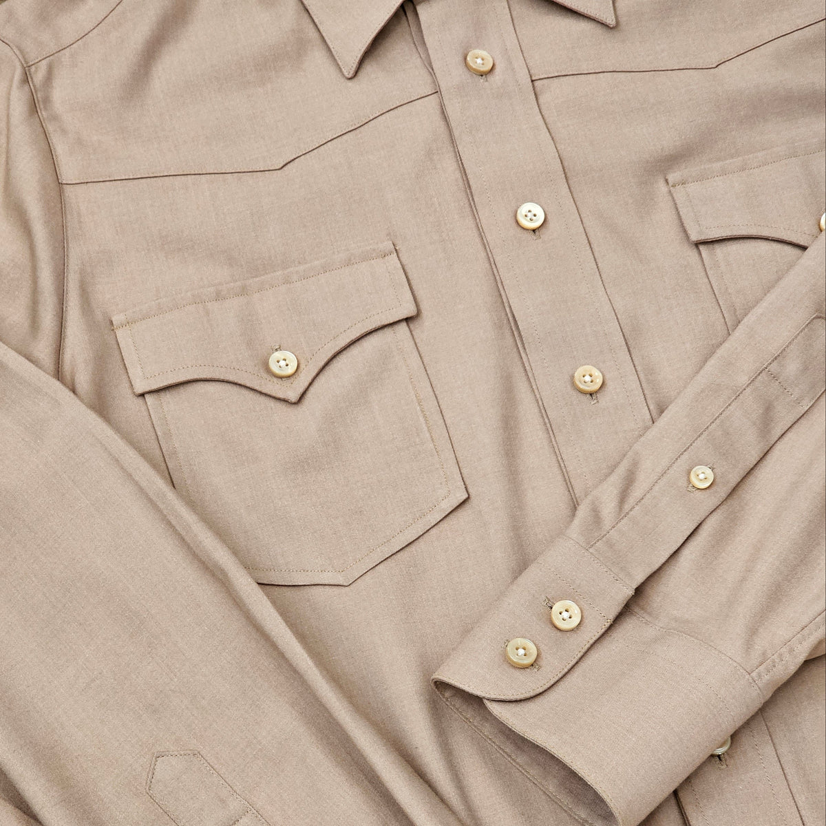 Made-to-Measure Beige Bamboo Western Shirt with Natural Shell Buttons