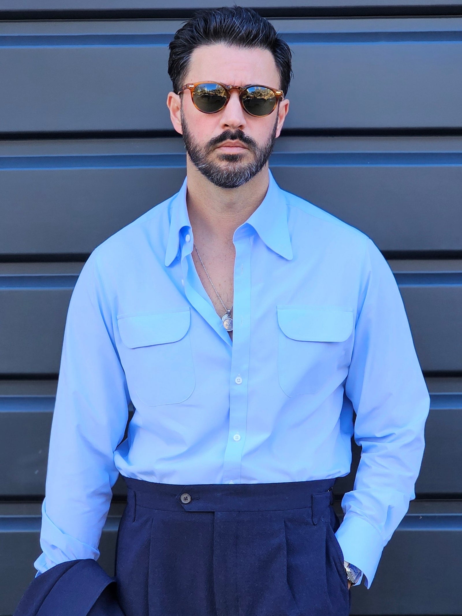 Made-to-Measure Light Blue Bamboo Shirt with Dual Pockets