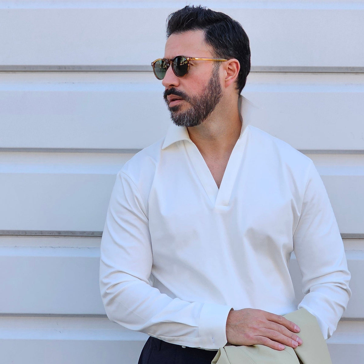 Made-to-Measure White Cotton Stretch V-Neck Polo