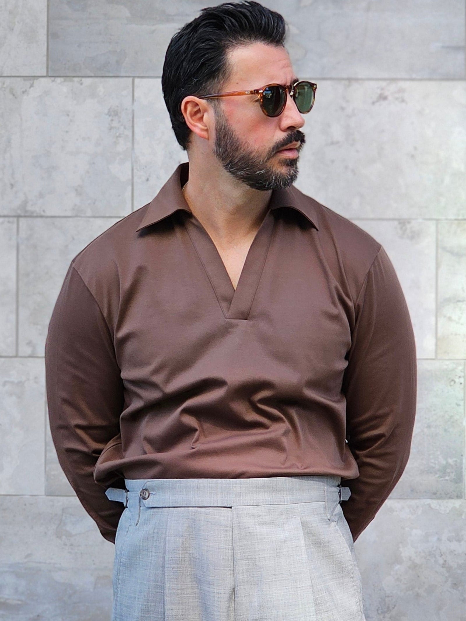 Made-to-Measure Soft Brown Cotton Stretch V-Neck Polo