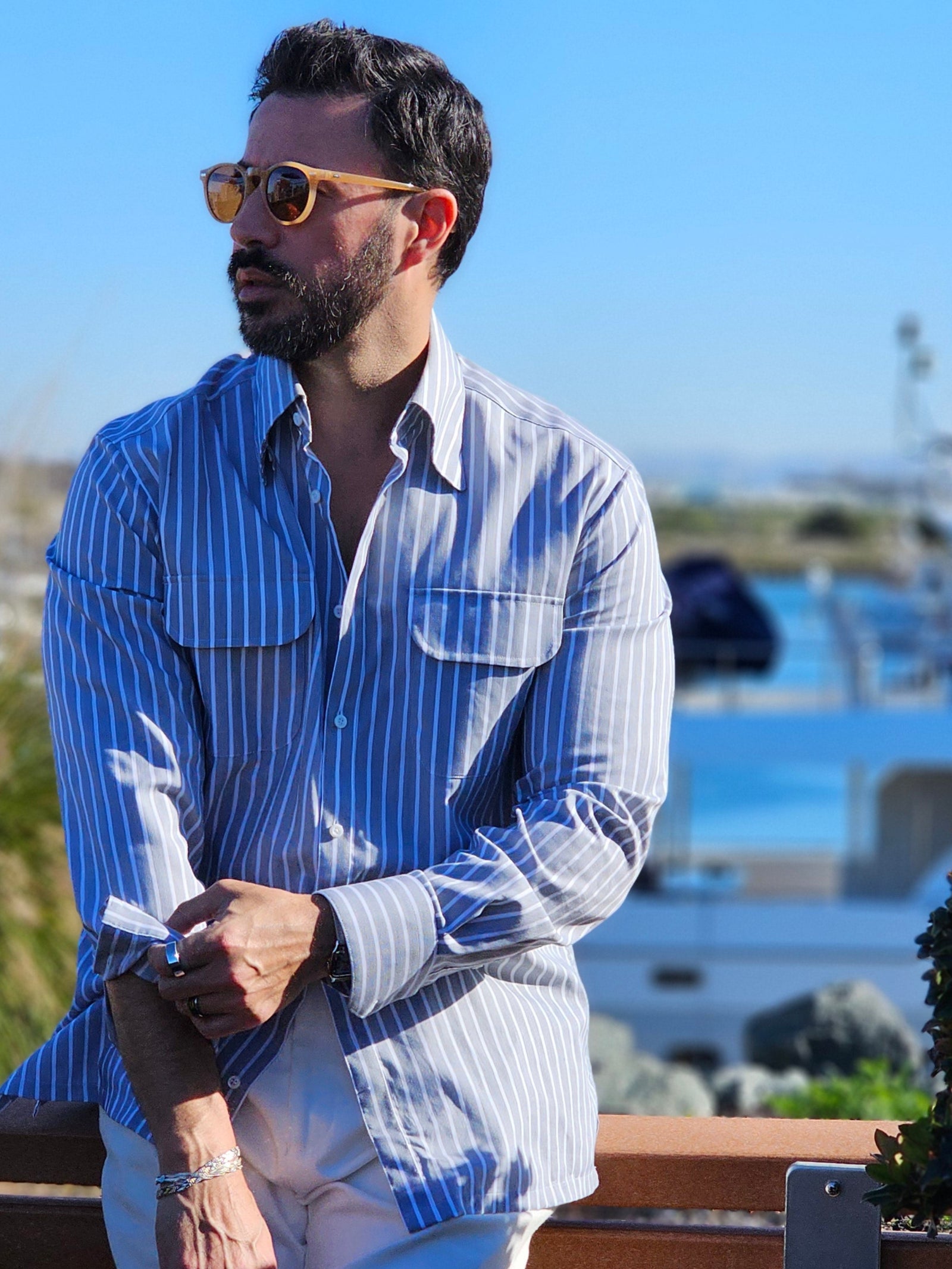 Made-to-Measure Grey Cotton Striped Shirt with Dual Pockets