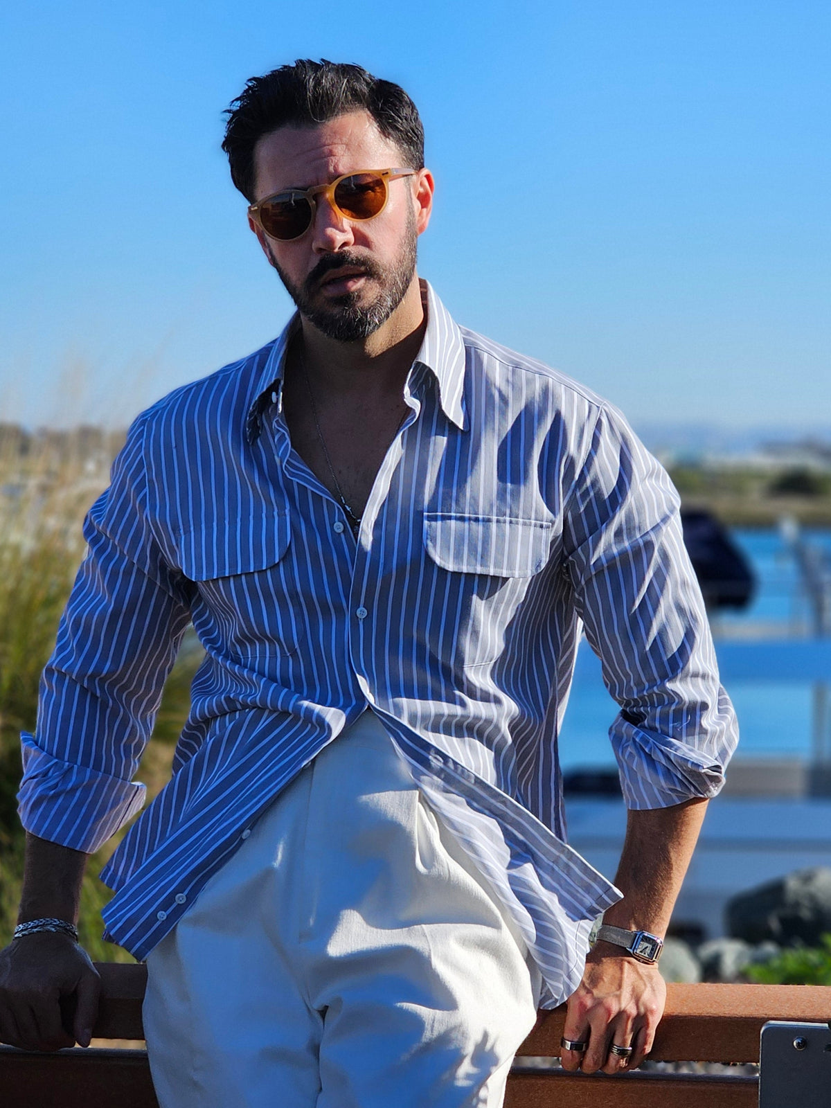 Made-to-Measure Grey Cotton Striped Shirt with Dual Pockets