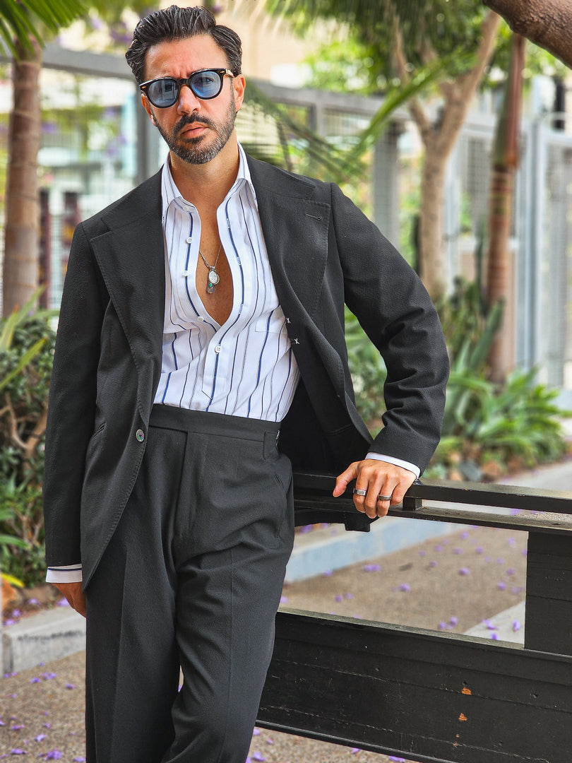 Made-to-Measure Fine Cotton Deep Blue & Navy Striped Popover Shirt