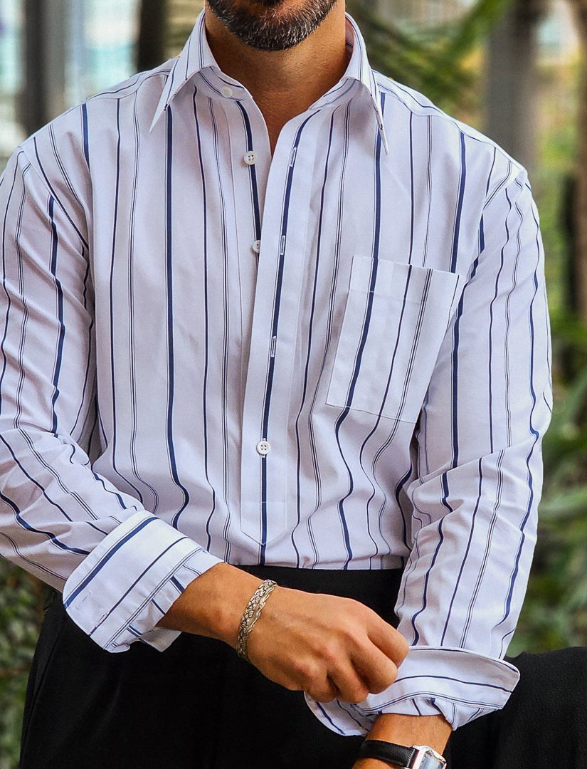 Made-to-Measure Fine Cotton Deep Blue & Navy Striped Popover Shirt