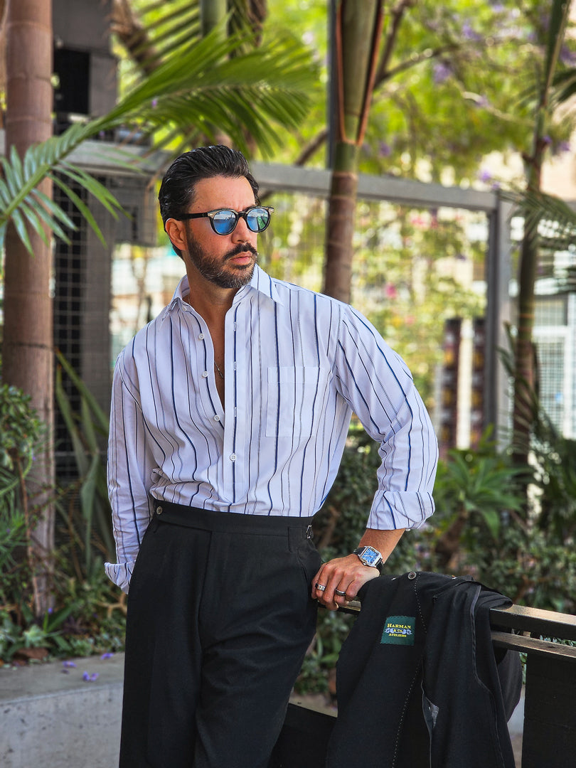Made-to-Measure Fine Cotton Deep Blue & Navy Striped Popover Shirt