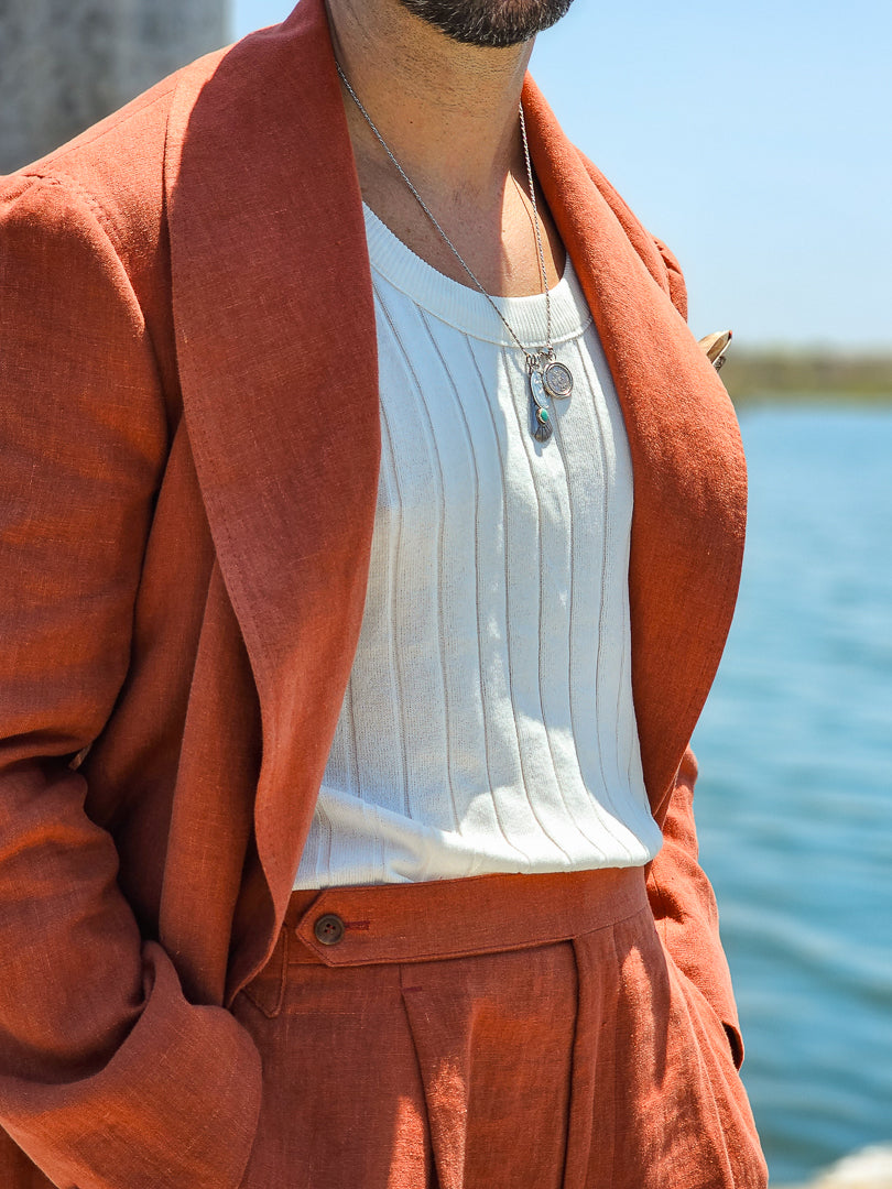 Made-to-Measure Burnt Orange Linen Double-Breasted Shawl Lapel Sport Jacket