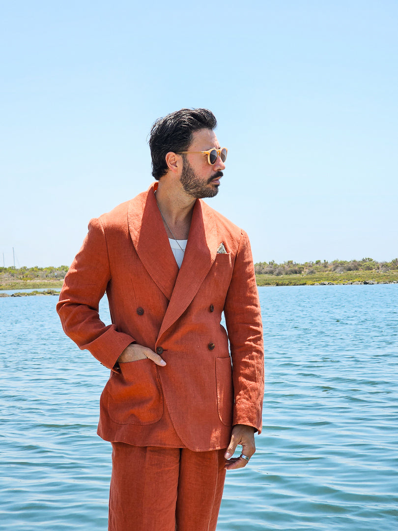 Made-to-Measure Burnt Orange Linen Double-Breasted Shawl Lapel Sport Jacket