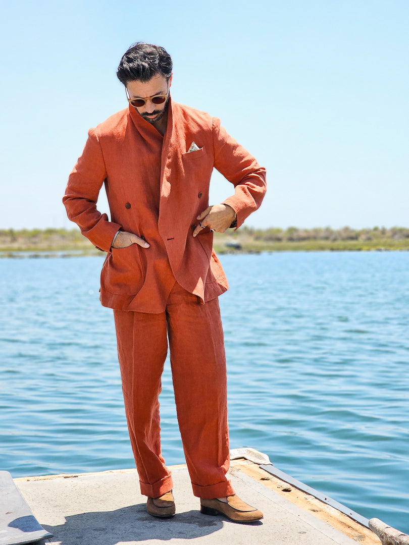 Made-to-Measure Burnt Orange Linen Double-Breasted Shawl Lapel Sport Jacket