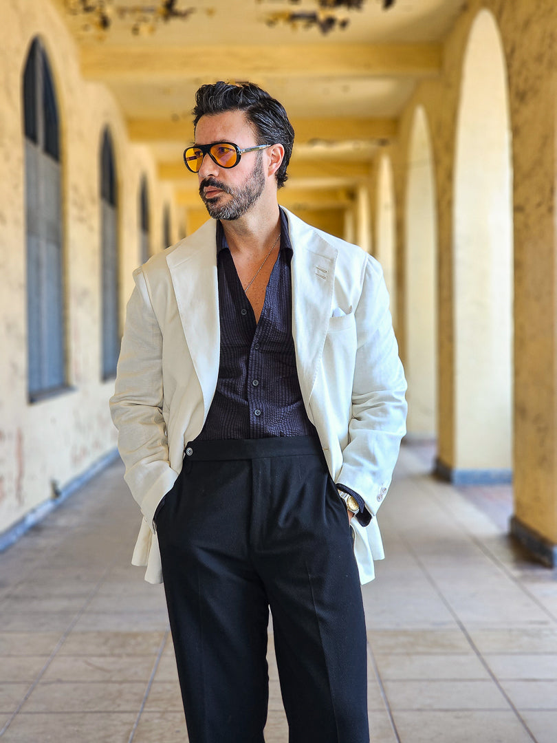 Made-to-Measure Ivory Herringbone Wool, Silk & Linen Blend Unconstructed Teba Jacket