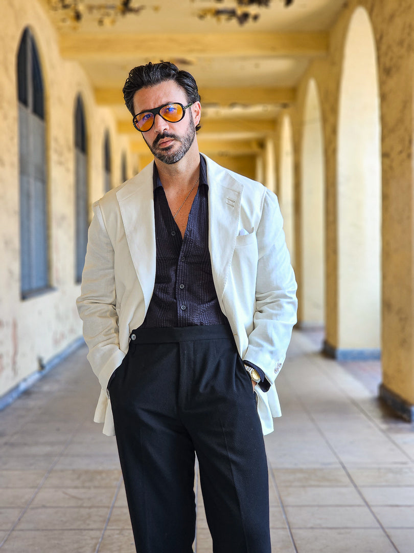 Made-to-Measure Black Cotton Seersucker V-Collar Shirt