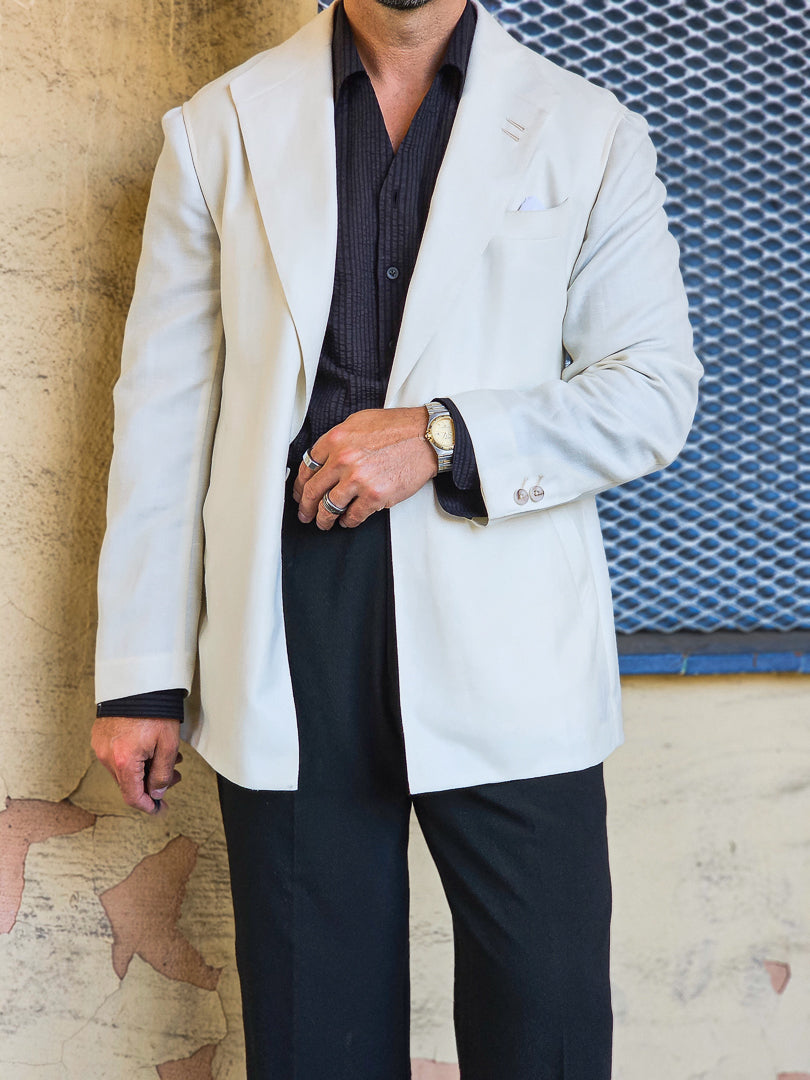 Made-to-Measure Ivory Herringbone Wool, Silk & Linen Blend Unconstructed Teba Jacket