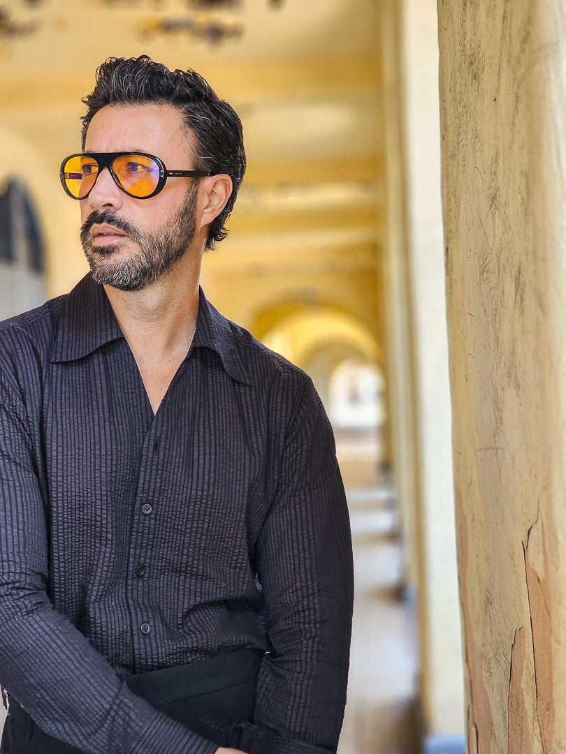 Made-to-Measure Black Cotton Seersucker V-Collar Shirt