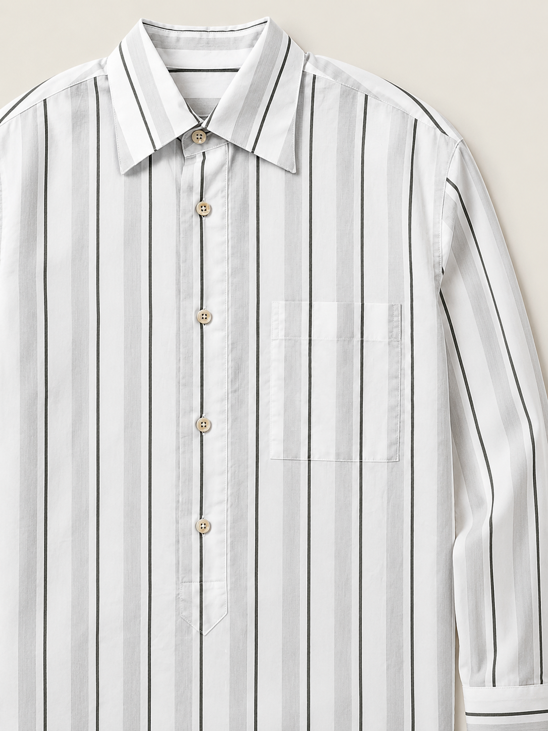 Made-to-Measure Fine Cotton Green, Light Grey & White Striped Popover Shirt