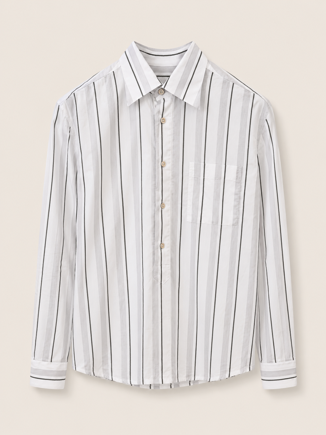 Made-to-Measure Fine Cotton Green, Light Grey &amp; White Striped Popover Shirt