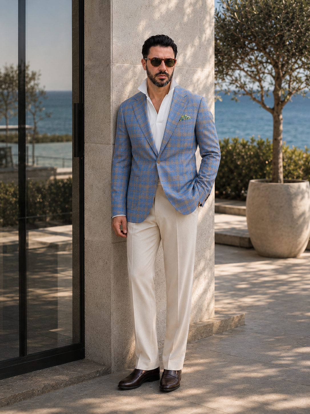 Made-to-Measure Blue Windowpane Wool Silk Linen Sport Coat