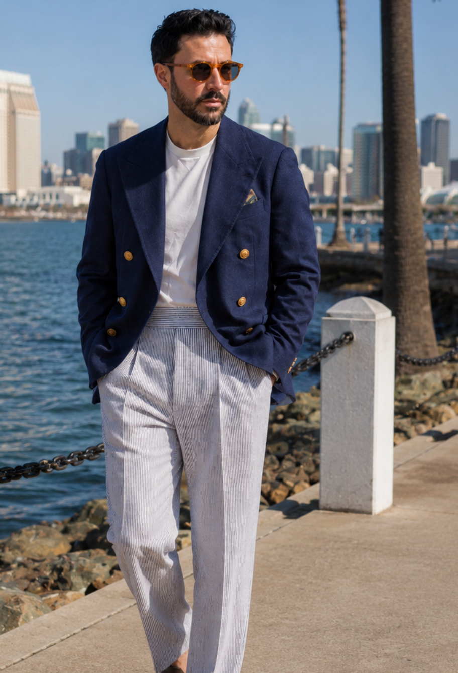 Made-to-Measure Navy Hopsack Double-Breasted Blazer