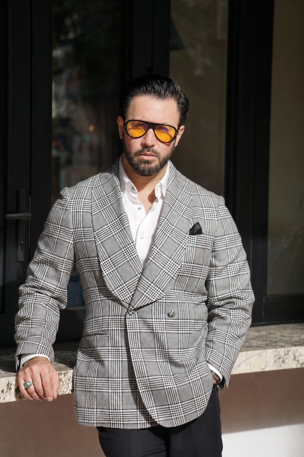 Made-to-Measure Black & White Glen Check Wool-Silk-Linen Double-Breasted Jacket