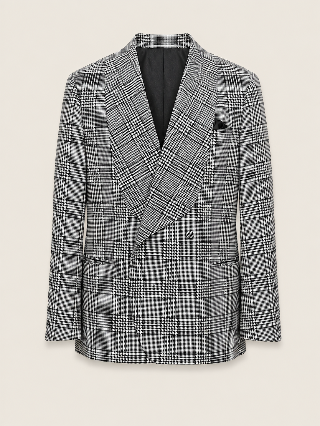 Made-to-Measure Black & White Glen Check Wool-Silk-Linen Double-Breasted Jacket