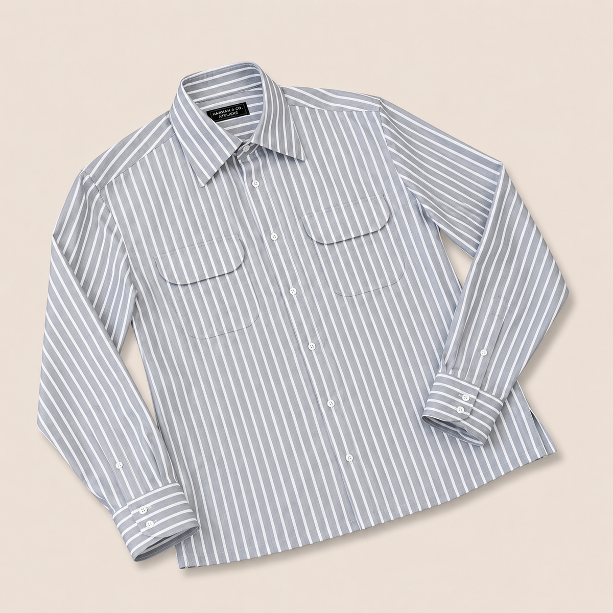 Made-to-Measure Grey Cotton Striped Shirt with Dual Pockets