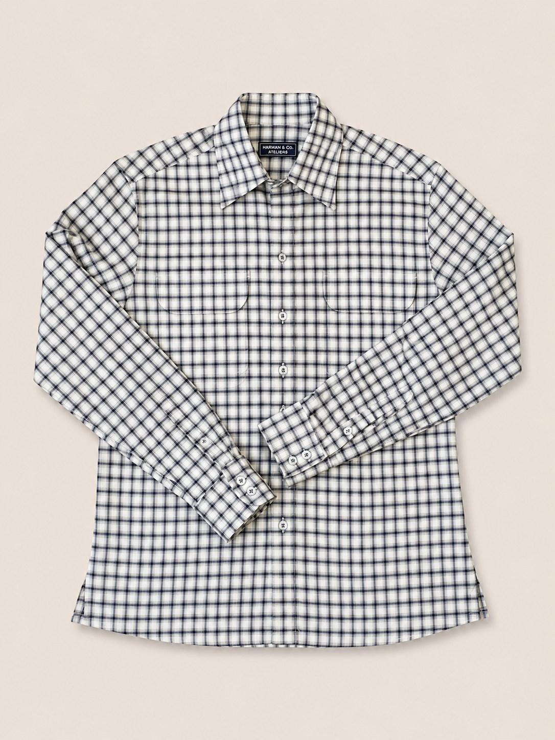 Made-to-Measure Grey Cotton Plaid Shirt with Dual Pockets