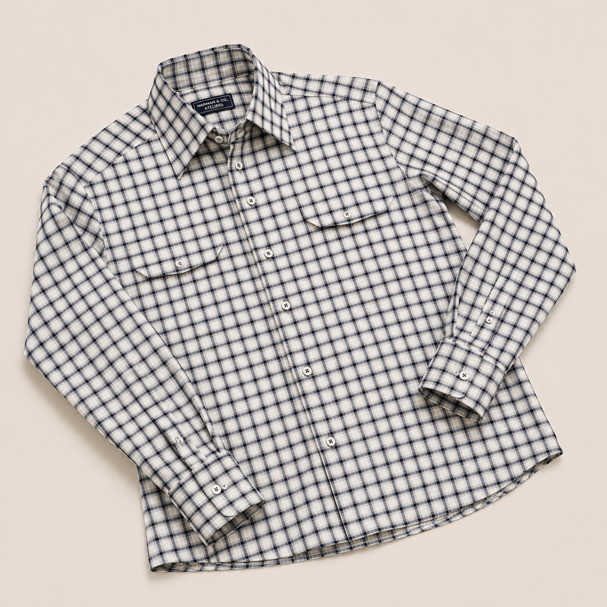 Made-to-Measure Grey Cotton Plaid Shirt with Dual Pockets