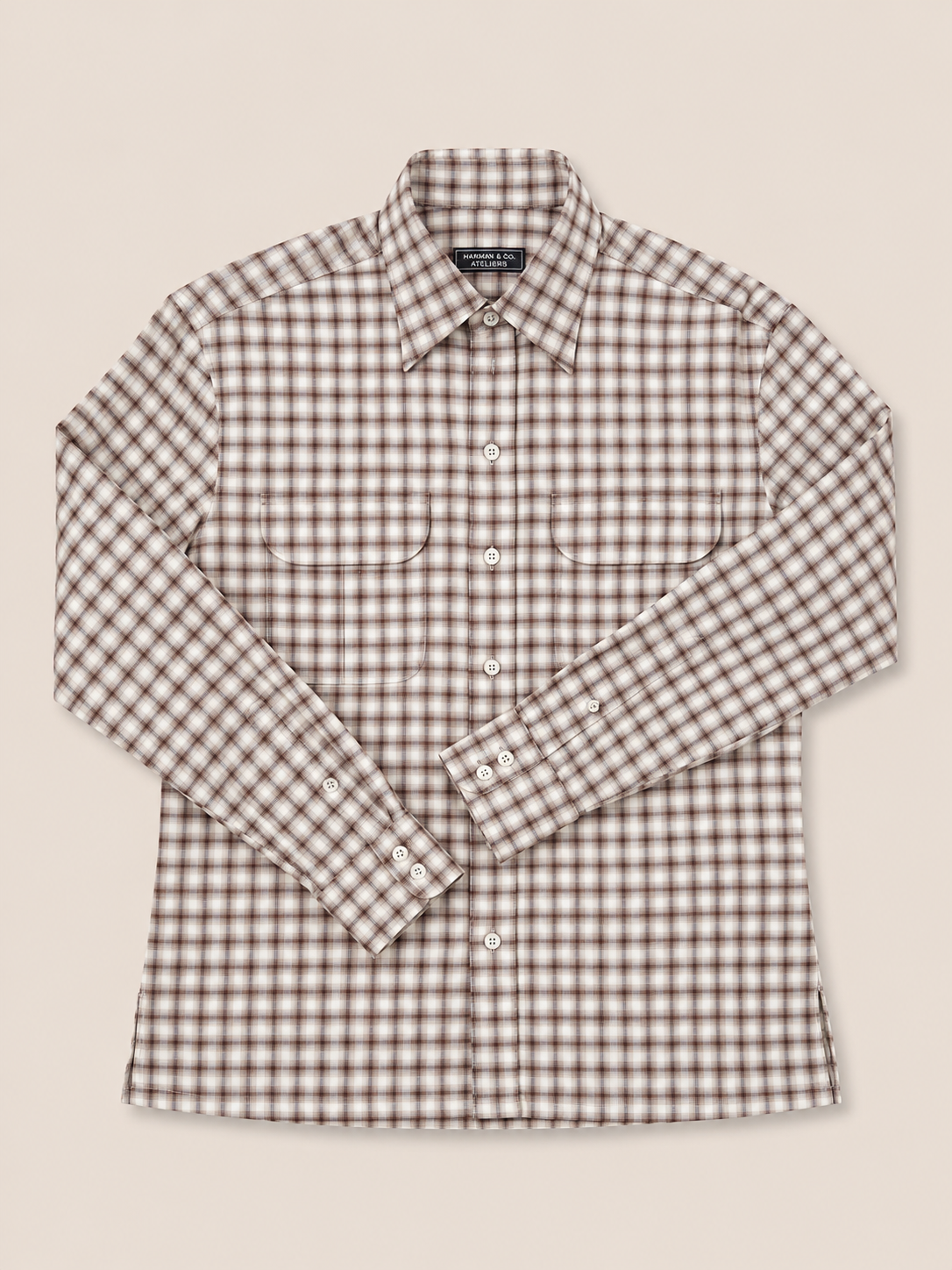 Made-to-Measure Brown Cotton Plaid Shirt with Dual Pockets