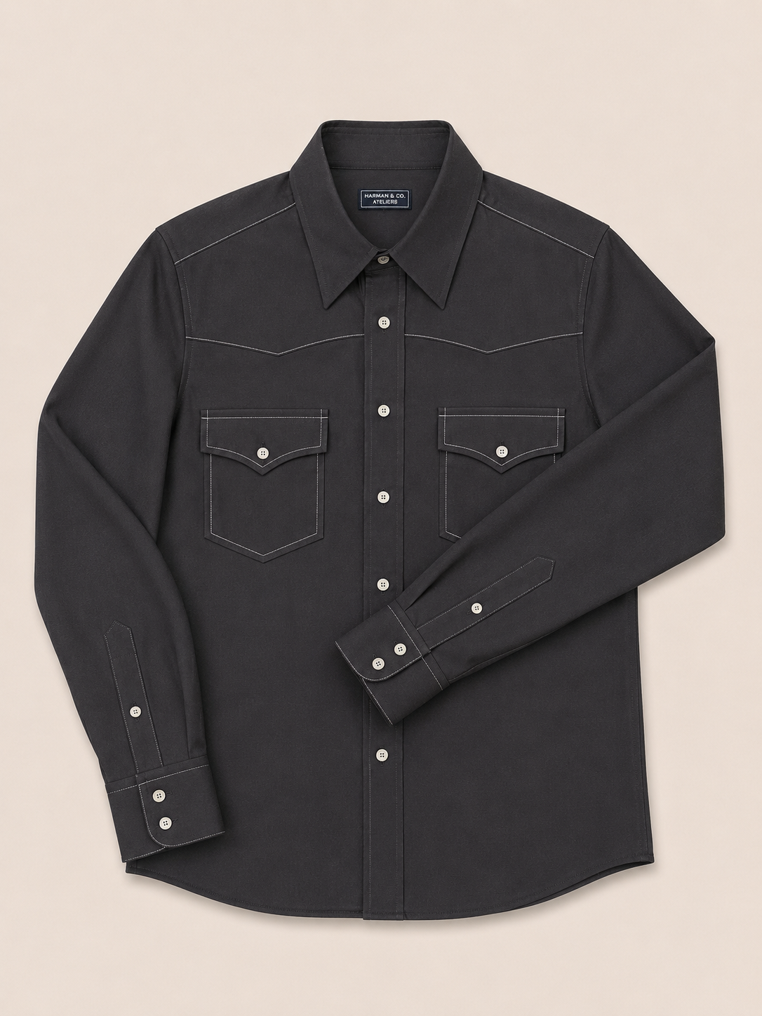 Made-to-Measure Black Bamboo Western Shirt with Natural Shell Buttons