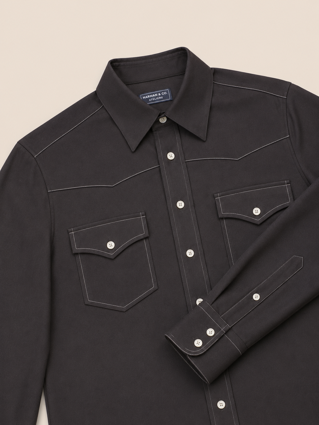 Made-to-Measure Black Bamboo Western Shirt with Natural Shell Buttons