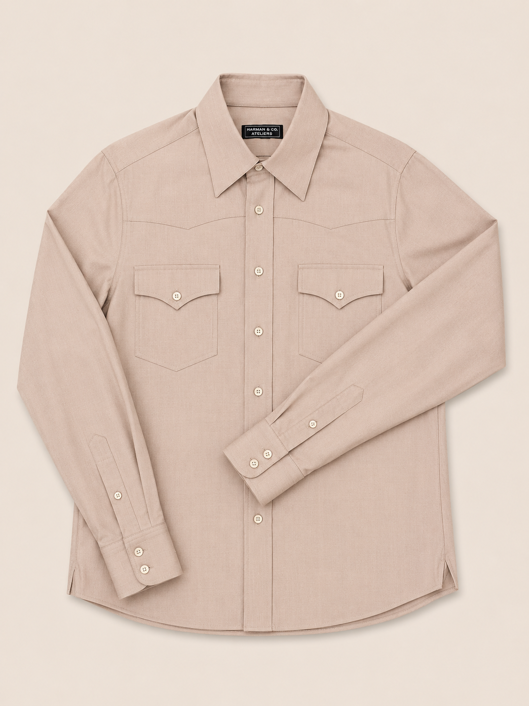 Made-to-Measure Beige Bamboo Western Shirt with Natural Shell Buttons