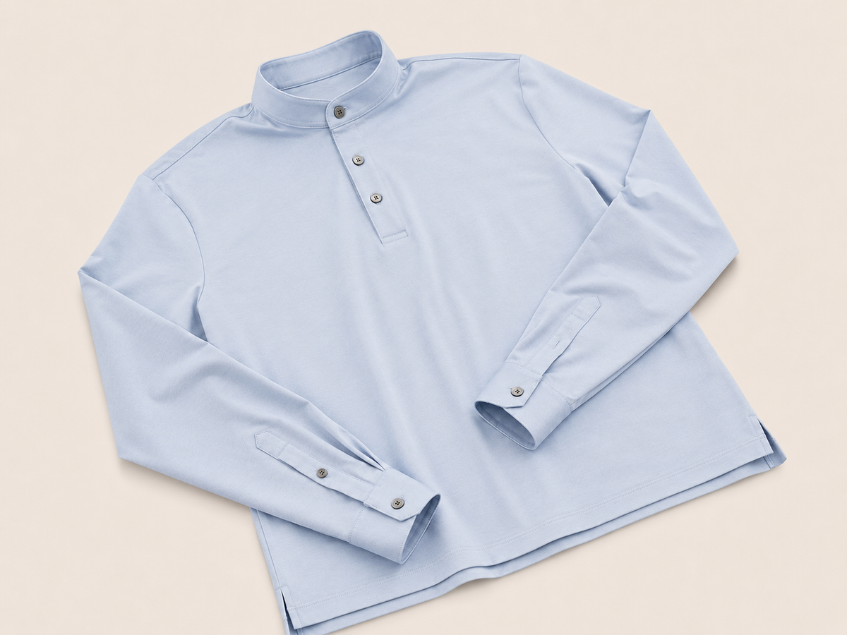 Made-to-Measure Baby Blue Cotton Stretch Mao Collar Polo