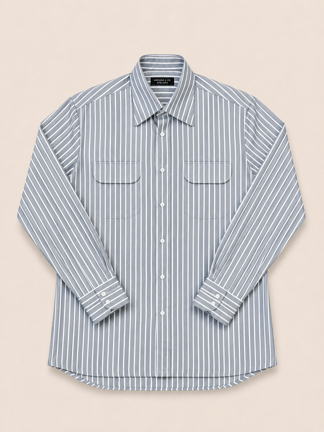 Made-to-Measure Grey Cotton Striped Shirt with Dual Pockets