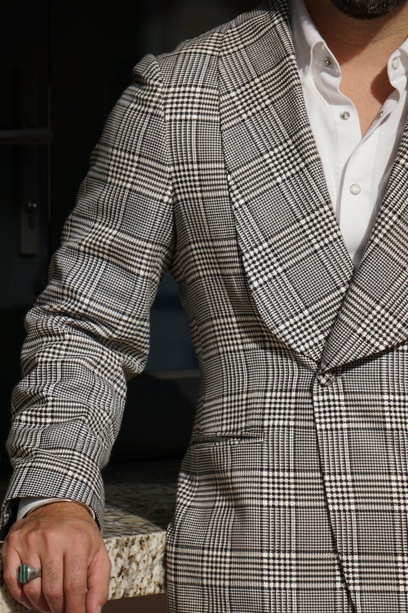 Made-to-Measure Black & White Glen Check Wool-Silk-Linen Double-Breasted Jacket