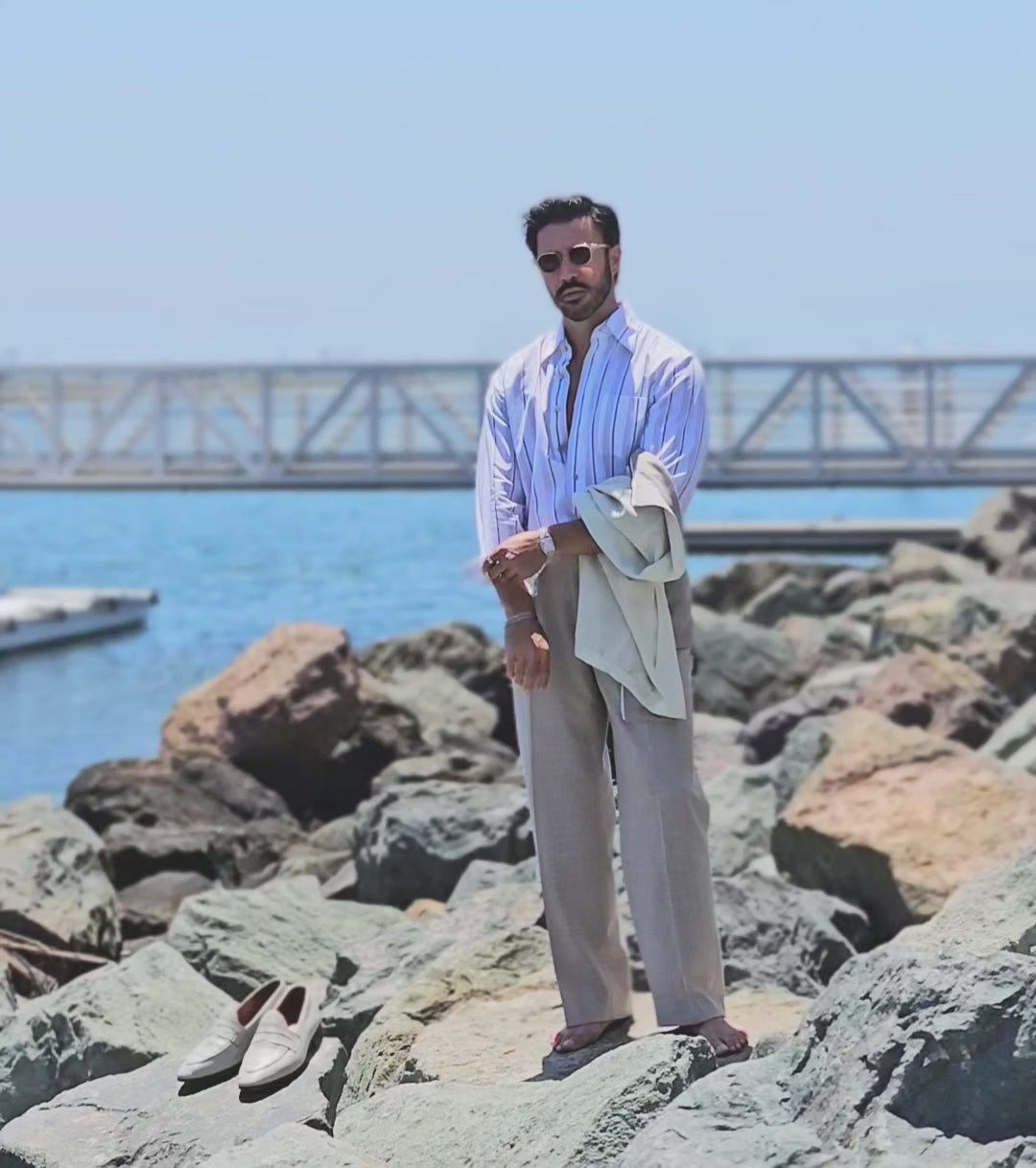 Made-to-Measure Fine Cotton Green, Light Grey & White Striped Popover Shirt